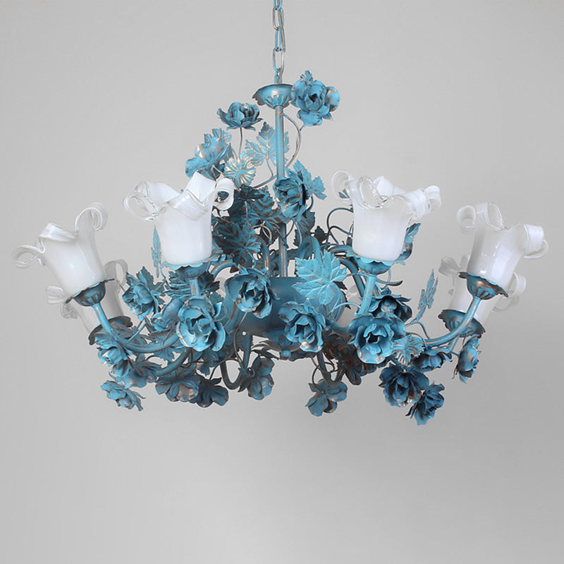 Flower Living Room Chandelier Lamp Korean Garden Milky Frosted Glass 3/5/8-Bulb Blue Hanging Ceiling Light Clearhalo 'Ceiling Lights' 'Chandeliers' Lighting' options 1982314