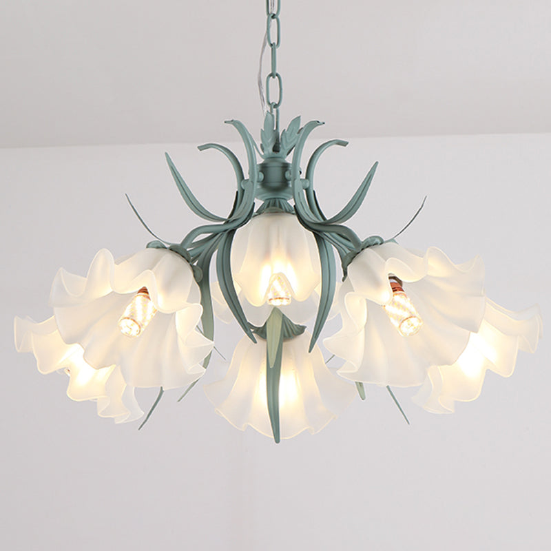 Green/Pink 4/6/9-Head Chandelier Lamp Korean Flower Frosted Glass Ruffle Hanging Pendant Light for Dinning Room Clearhalo 'Ceiling Lights' 'Chandeliers' Lighting' options 1982319