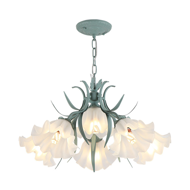 Green/Pink 4/6/9-Head Chandelier Lamp Korean Flower Frosted Glass Ruffle Hanging Pendant Light for Dinning Room Clearhalo 'Ceiling Lights' 'Chandeliers' Lighting' options 1982320