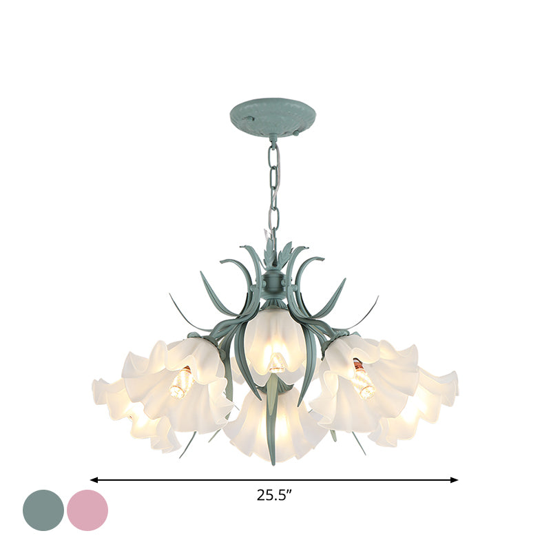 Green/Pink 4/6/9-Head Chandelier Lamp Korean Flower Frosted Glass Ruffle Hanging Pendant Light for Dinning Room Clearhalo 'Ceiling Lights' 'Chandeliers' Lighting' options 1982321