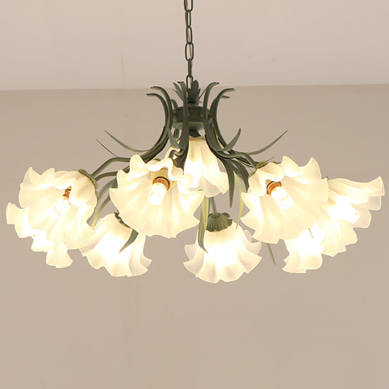 Green/Pink 4/6/9-Head Chandelier Lamp Korean Flower Frosted Glass Ruffle Hanging Pendant Light for Dinning Room Clearhalo 'Ceiling Lights' 'Chandeliers' Lighting' options 1982323