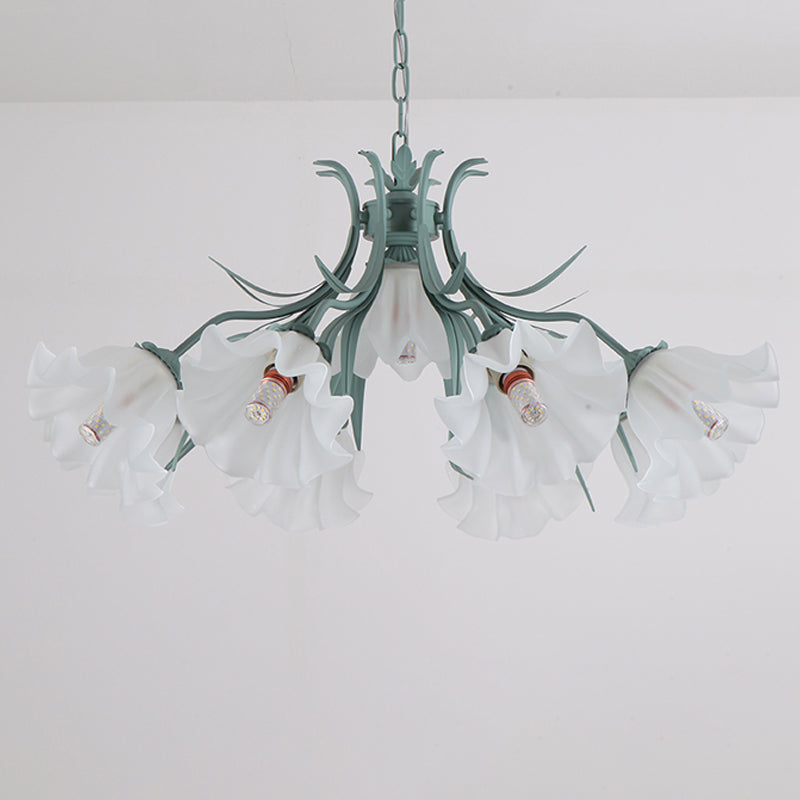 Green/Pink 4/6/9-Head Chandelier Lamp Korean Flower Frosted Glass Ruffle Hanging Pendant Light for Dinning Room Clearhalo 'Ceiling Lights' 'Chandeliers' Lighting' options 1982324