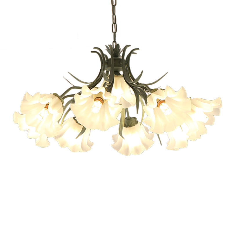 Green/Pink 4/6/9-Head Chandelier Lamp Korean Flower Frosted Glass Ruffle Hanging Pendant Light for Dinning Room Clearhalo 'Ceiling Lights' 'Chandeliers' Lighting' options 1982325