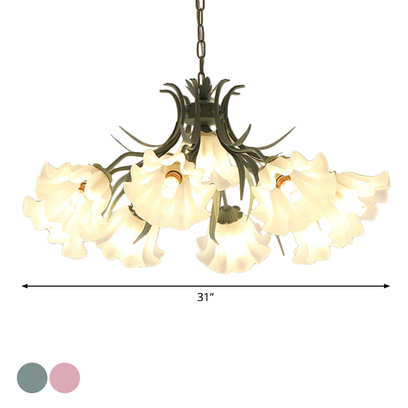 Green/Pink 4/6/9-Head Chandelier Lamp Korean Flower Frosted Glass Ruffle Hanging Pendant Light for Dinning Room Clearhalo 'Ceiling Lights' 'Chandeliers' Lighting' options 1982326