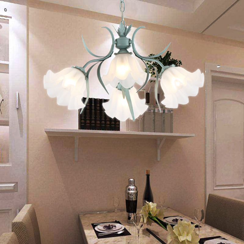 Green/Pink 4/6/9-Head Chandelier Lamp Korean Flower Frosted Glass Ruffle Hanging Pendant Light for Dinning Room Clearhalo 'Ceiling Lights' 'Chandeliers' Lighting' options 1982327