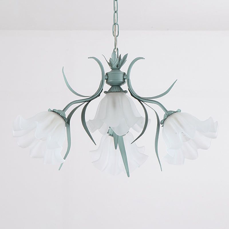 Green/Pink 4/6/9-Head Chandelier Lamp Korean Flower Frosted Glass Ruffle Hanging Pendant Light for Dinning Room Clearhalo 'Ceiling Lights' 'Chandeliers' Lighting' options 1982328