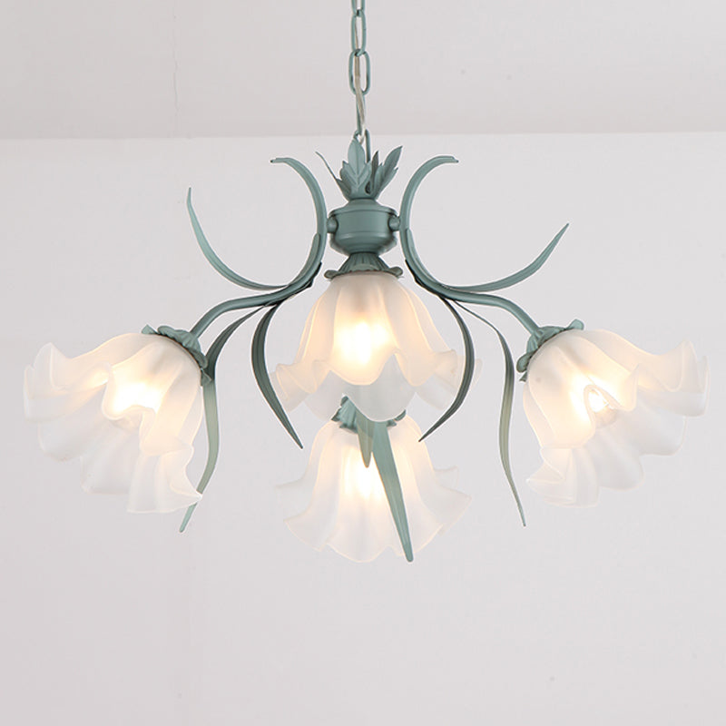 Green/Pink 4/6/9-Head Chandelier Lamp Korean Flower Frosted Glass Ruffle Hanging Pendant Light for Dinning Room Clearhalo 'Ceiling Lights' 'Chandeliers' Lighting' options 1982329