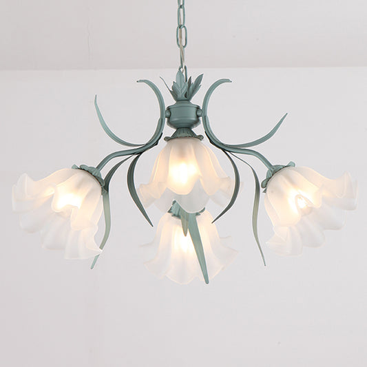 Green/Pink 4/6/9-Head Chandelier Lamp Korean Flower Frosted Glass Ruffle Hanging Pendant Light for Dinning Room Clearhalo 'Ceiling Lights' 'Chandeliers' Lighting' options 1982329