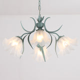 Green/Pink 4/6/9-Head Chandelier Lamp Korean Flower Frosted Glass Ruffle Hanging Pendant Light for Dinning Room Clearhalo 'Ceiling Lights' 'Chandeliers' Lighting' options 1982329