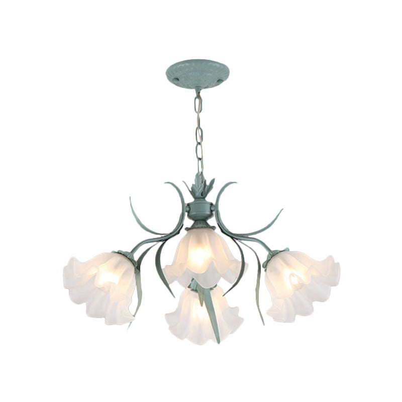 Green/Pink 4/6/9-Head Chandelier Lamp Korean Flower Frosted Glass Ruffle Hanging Pendant Light for Dinning Room Clearhalo 'Ceiling Lights' 'Chandeliers' Lighting' options 1982330