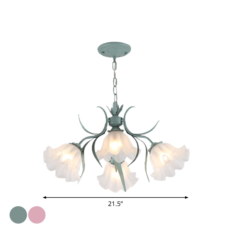 Green/Pink 4/6/9-Head Chandelier Lamp Korean Flower Frosted Glass Ruffle Hanging Pendant Light for Dinning Room Clearhalo 'Ceiling Lights' 'Chandeliers' Lighting' options 1982331