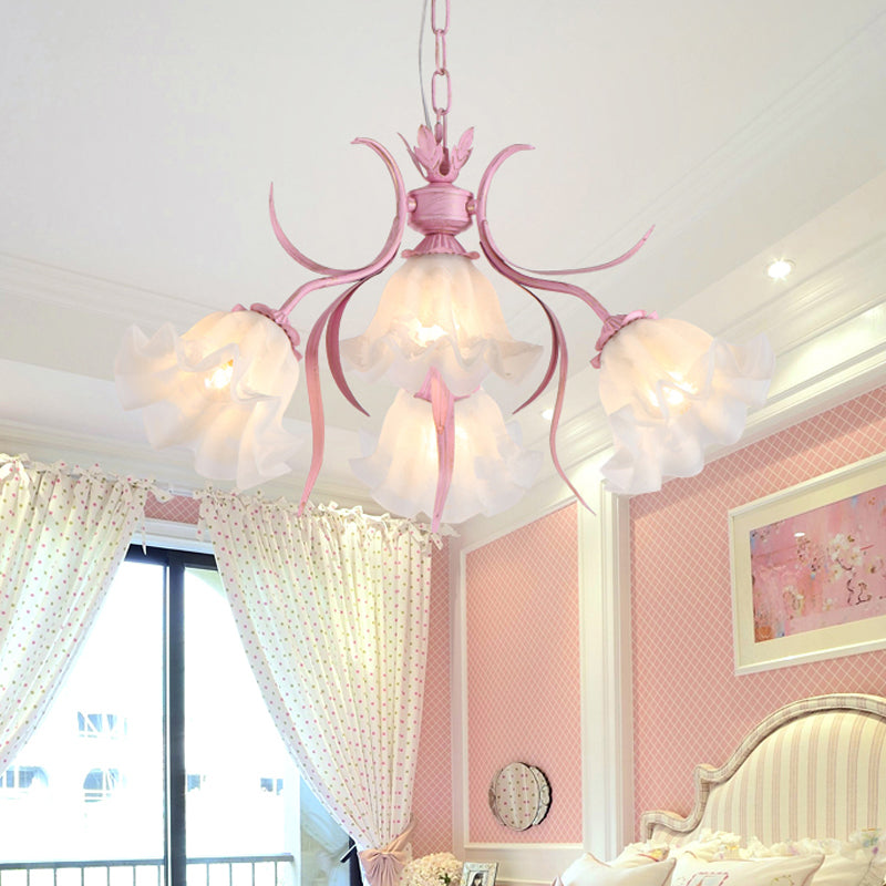 Green/Pink 4/6/9-Head Chandelier Lamp Korean Flower Frosted Glass Ruffle Hanging Pendant Light for Dinning Room Clearhalo 'Ceiling Lights' 'Chandeliers' Lighting' options 1982333