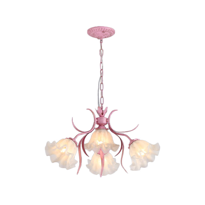 Green/Pink 4/6/9-Head Chandelier Lamp Korean Flower Frosted Glass Ruffle Hanging Pendant Light for Dinning Room Clearhalo 'Ceiling Lights' 'Chandeliers' Lighting' options 1982334