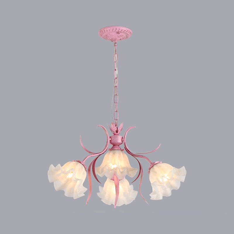 Green/Pink 4/6/9-Head Chandelier Lamp Korean Flower Frosted Glass Ruffle Hanging Pendant Light for Dinning Room Clearhalo 'Ceiling Lights' 'Chandeliers' Lighting' options 1982335