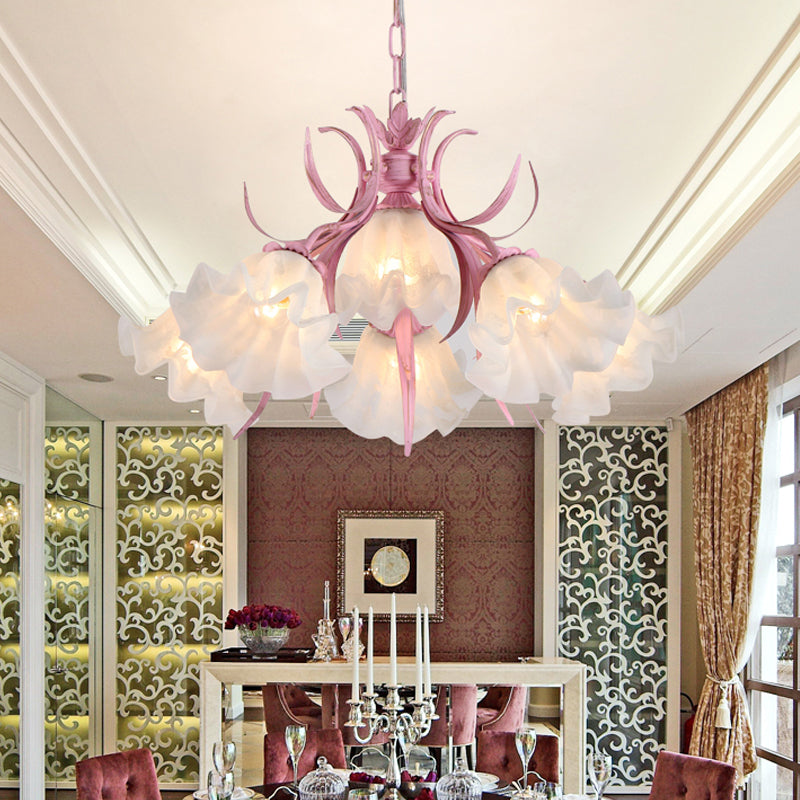 Green/Pink 4/6/9-Head Chandelier Lamp Korean Flower Frosted Glass Ruffle Hanging Pendant Light for Dinning Room Clearhalo 'Ceiling Lights' 'Chandeliers' Lighting' options 1982336