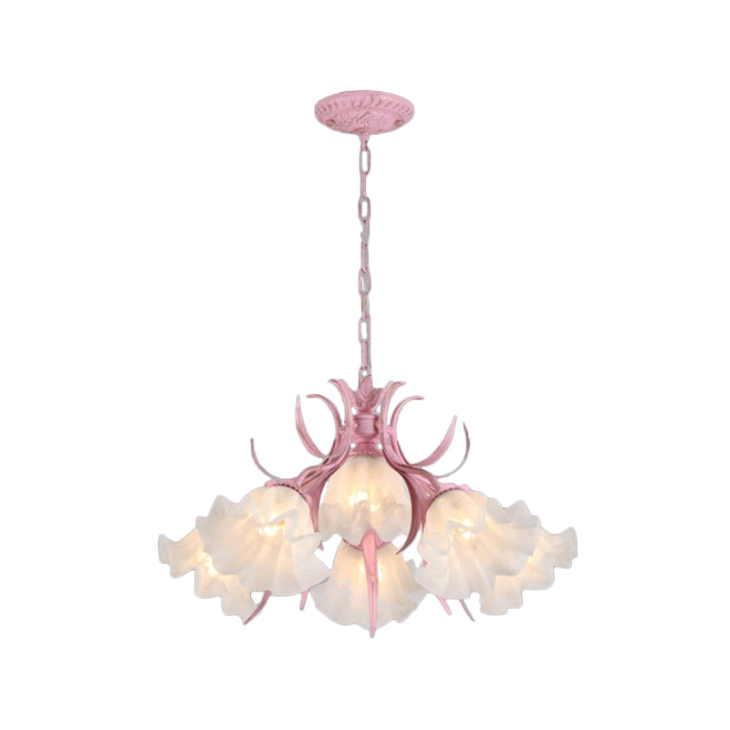 Green/Pink 4/6/9-Head Chandelier Lamp Korean Flower Frosted Glass Ruffle Hanging Pendant Light for Dinning Room Clearhalo 'Ceiling Lights' 'Chandeliers' Lighting' options 1982337