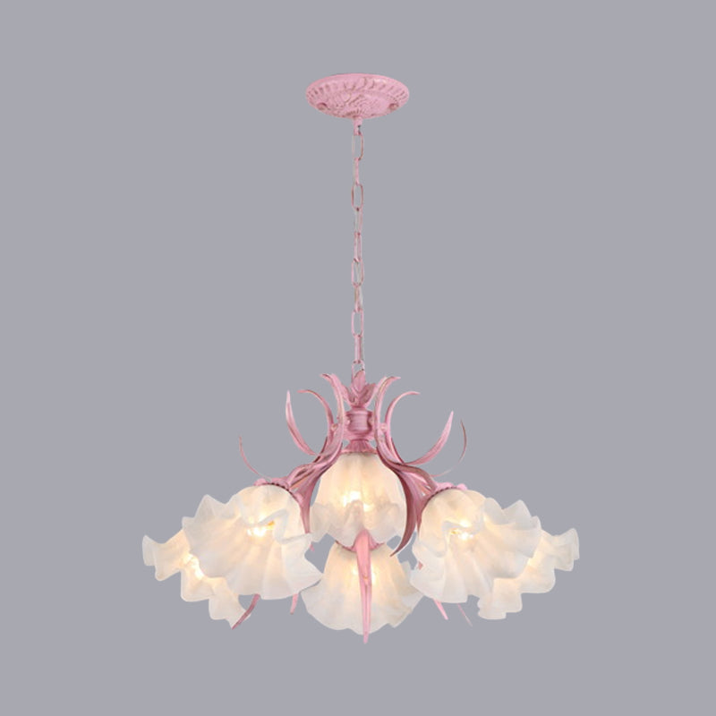 Green/Pink 4/6/9-Head Chandelier Lamp Korean Flower Frosted Glass Ruffle Hanging Pendant Light for Dinning Room Clearhalo 'Ceiling Lights' 'Chandeliers' Lighting' options 1982338