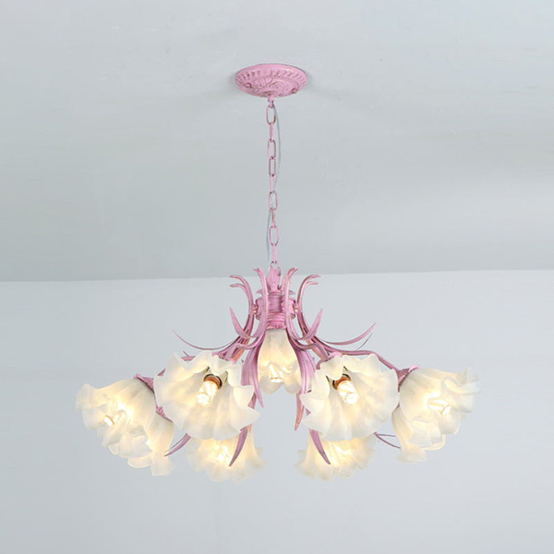 Green/Pink 4/6/9-Head Chandelier Lamp Korean Flower Frosted Glass Ruffle Hanging Pendant Light for Dinning Room Clearhalo 'Ceiling Lights' 'Chandeliers' Lighting' options 1982339