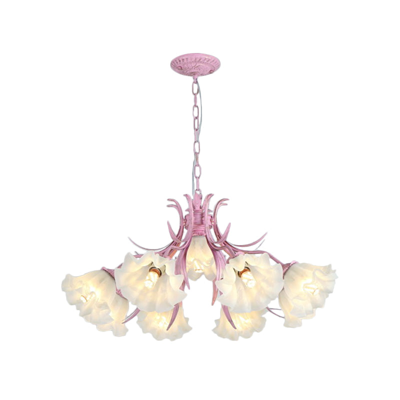 Green/Pink 4/6/9-Head Chandelier Lamp Korean Flower Frosted Glass Ruffle Hanging Pendant Light for Dinning Room Clearhalo 'Ceiling Lights' 'Chandeliers' Lighting' options 1982340