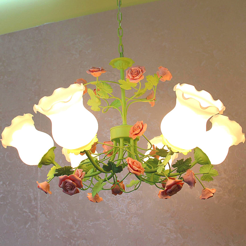 Green Flower Hanging Chandelier Pastoral Style Frosted Glass 6 Lights Bedroom Ceiling Pendant Light Clearhalo 'Ceiling Lights' 'Chandeliers' Lighting' options 1982341