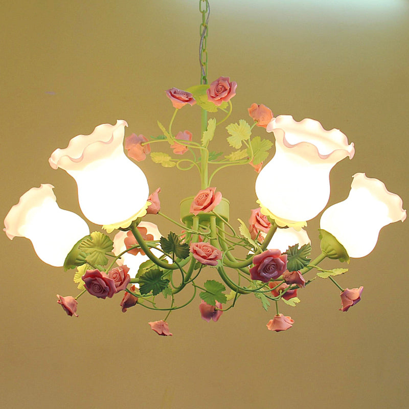 Green Flower Hanging Chandelier Pastoral Style Frosted Glass 6 Lights Bedroom Ceiling Pendant Light Clearhalo 'Ceiling Lights' 'Chandeliers' Lighting' options 1982342