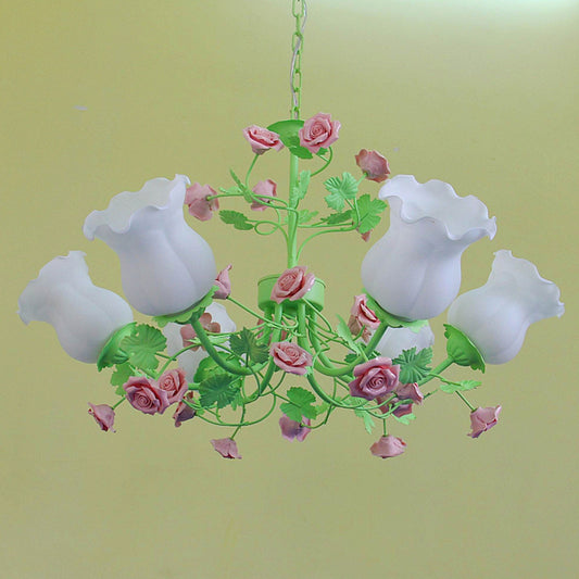 Green Flower Hanging Chandelier Pastoral Style Frosted Glass 6 Lights Bedroom Ceiling Pendant Light Clearhalo 'Ceiling Lights' 'Chandeliers' Lighting' options 1982343