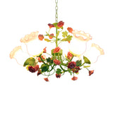 Green Flower Hanging Chandelier Pastoral Style Frosted Glass 6 Lights Bedroom Ceiling Pendant Light Clearhalo 'Ceiling Lights' 'Chandeliers' Lighting' options 1982344