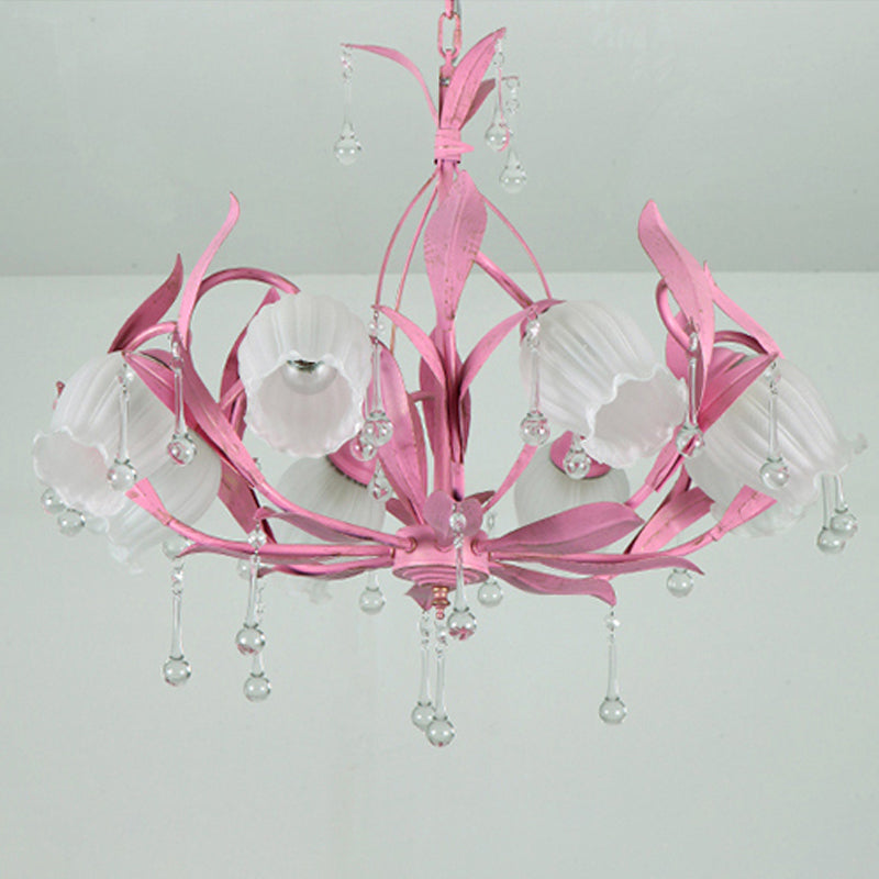 6/8-Light Flower Ceiling Chandelier Korean Garden Green/Pink Frosted Glass Suspension Pendant Light Clearhalo 'Ceiling Lights' 'Chandeliers' Lighting' options 1982346