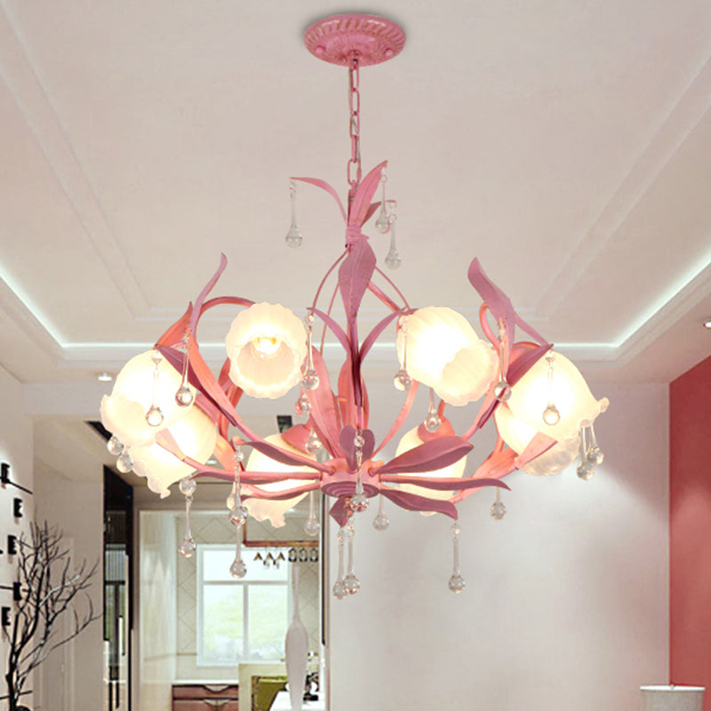 6/8-Light Flower Ceiling Chandelier Korean Garden Green/Pink Frosted Glass Suspension Pendant Light Clearhalo 'Ceiling Lights' 'Chandeliers' Lighting' options 1982347