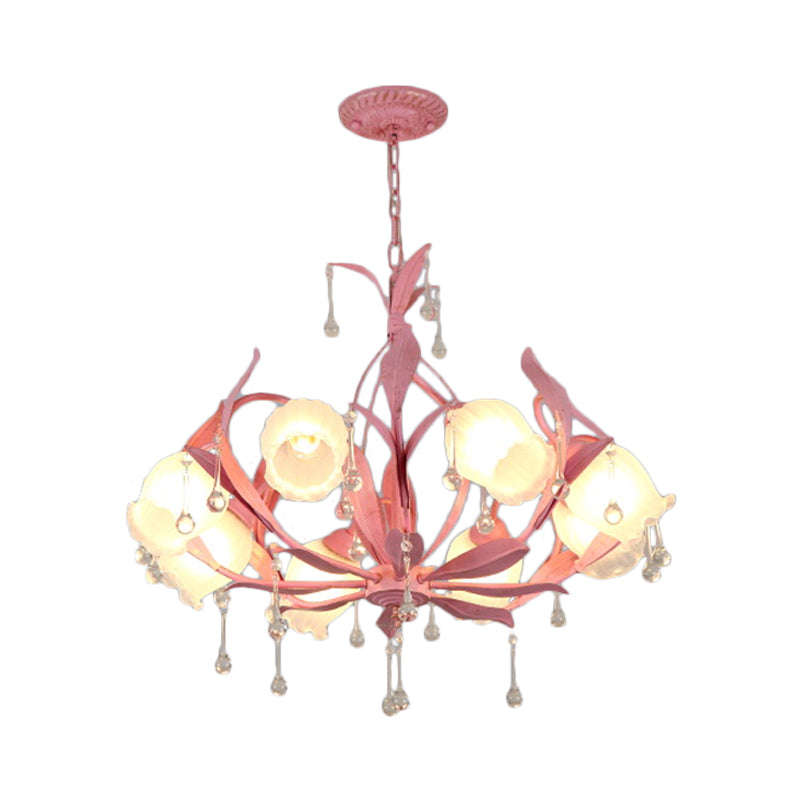 6/8-Light Flower Ceiling Chandelier Korean Garden Green/Pink Frosted Glass Suspension Pendant Light Clearhalo 'Ceiling Lights' 'Chandeliers' Lighting' options 1982348