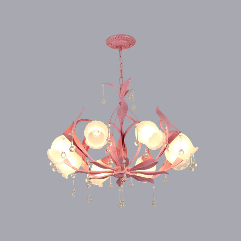 6/8-Light Flower Ceiling Chandelier Korean Garden Green/Pink Frosted Glass Suspension Pendant Light Clearhalo 'Ceiling Lights' 'Chandeliers' Lighting' options 1982349