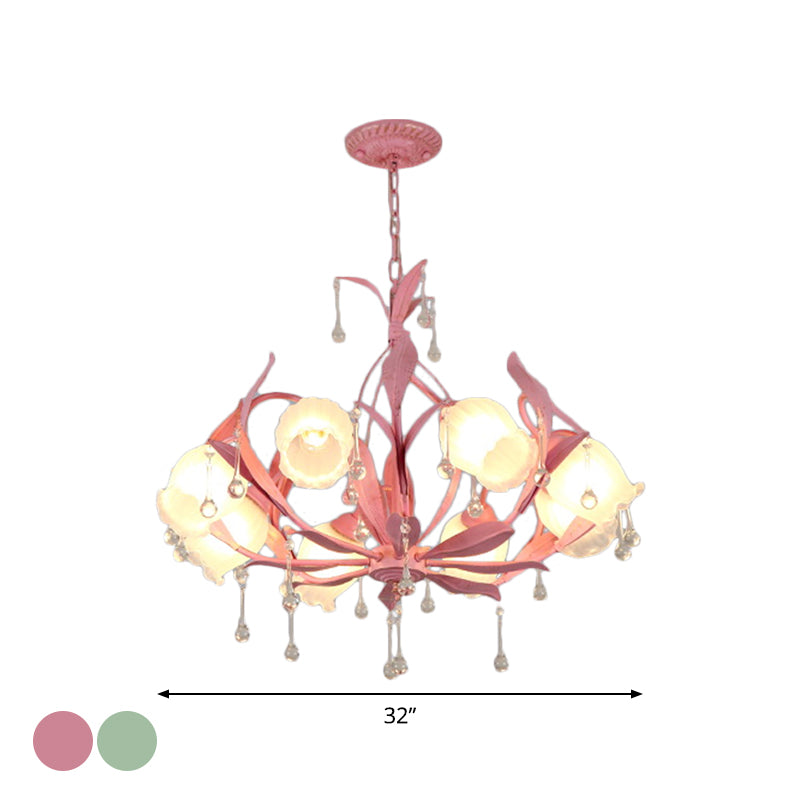 6/8-Light Flower Ceiling Chandelier Korean Garden Green/Pink Frosted Glass Suspension Pendant Light Clearhalo 'Ceiling Lights' 'Chandeliers' Lighting' options 1982350