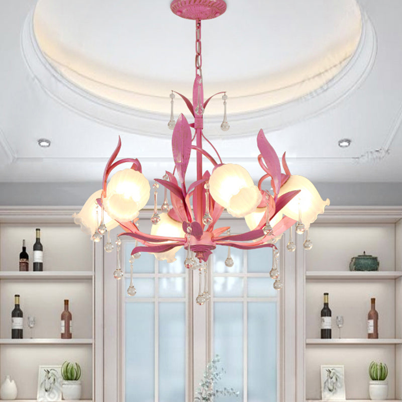 6/8-Light Flower Ceiling Chandelier Korean Garden Green/Pink Frosted Glass Suspension Pendant Light Clearhalo 'Ceiling Lights' 'Chandeliers' Lighting' options 1982351