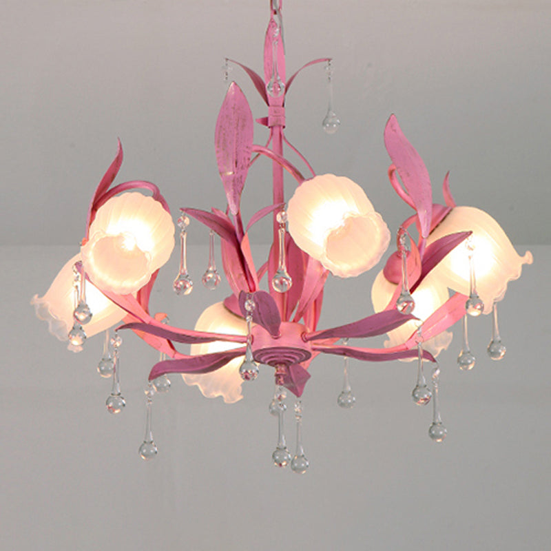 6/8-Light Flower Ceiling Chandelier Korean Garden Green/Pink Frosted Glass Suspension Pendant Light Clearhalo 'Ceiling Lights' 'Chandeliers' Lighting' options 1982352