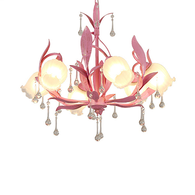 6/8-Light Flower Ceiling Chandelier Korean Garden Green/Pink Frosted Glass Suspension Pendant Light Clearhalo 'Ceiling Lights' 'Chandeliers' Lighting' options 1982353