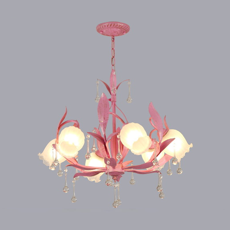 6/8-Light Flower Ceiling Chandelier Korean Garden Green/Pink Frosted Glass Suspension Pendant Light Clearhalo 'Ceiling Lights' 'Chandeliers' Lighting' options 1982354