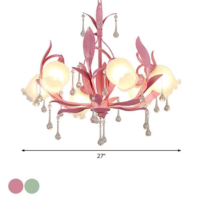 6/8-Light Flower Ceiling Chandelier Korean Garden Green/Pink Frosted Glass Suspension Pendant Light Clearhalo 'Ceiling Lights' 'Chandeliers' Lighting' options 1982355