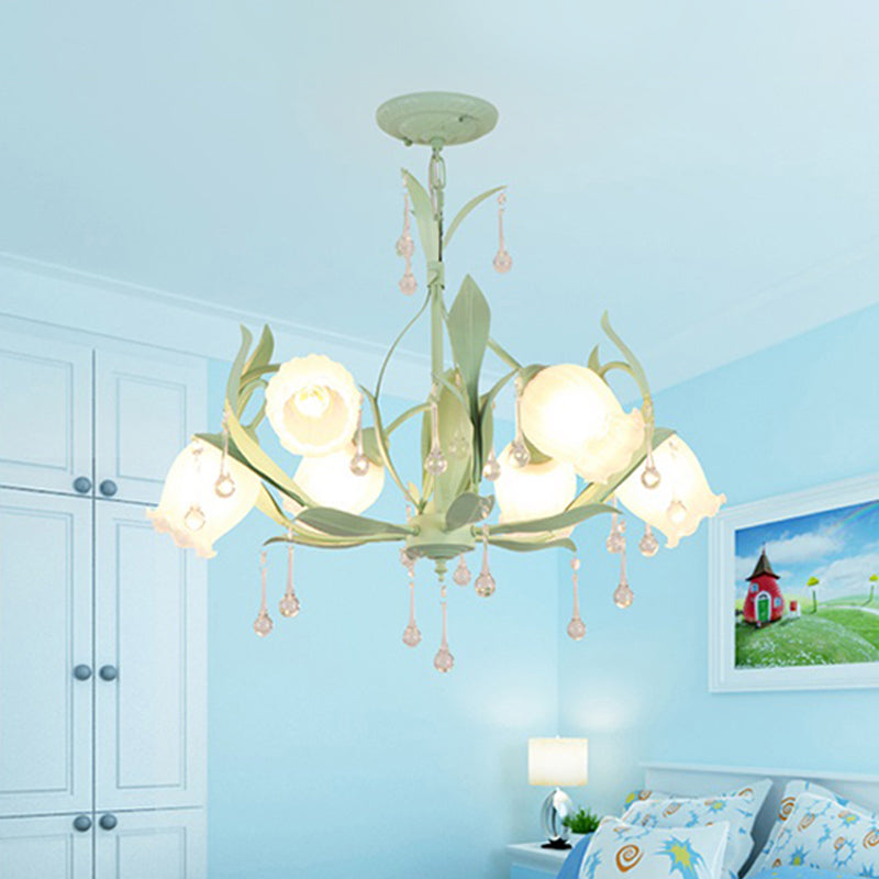 6/8-Light Flower Ceiling Chandelier Korean Garden Green/Pink Frosted Glass Suspension Pendant Light Clearhalo 'Ceiling Lights' 'Chandeliers' Lighting' options 1982356