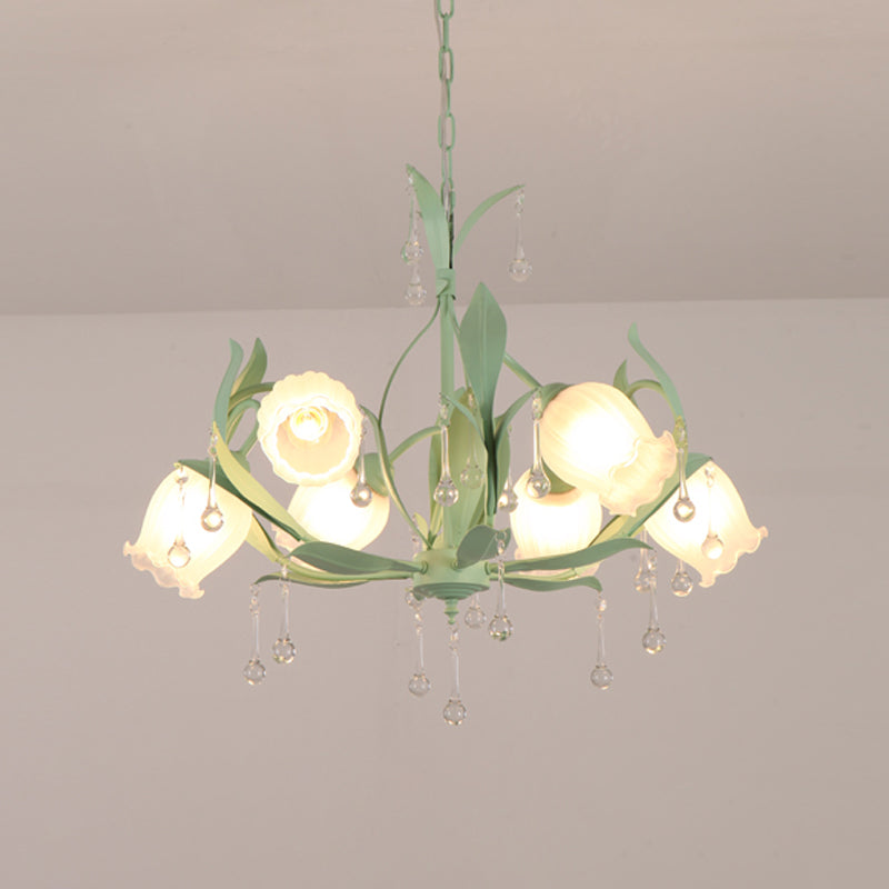 6/8-Light Flower Ceiling Chandelier Korean Garden Green/Pink Frosted Glass Suspension Pendant Light Clearhalo 'Ceiling Lights' 'Chandeliers' Lighting' options 1982357