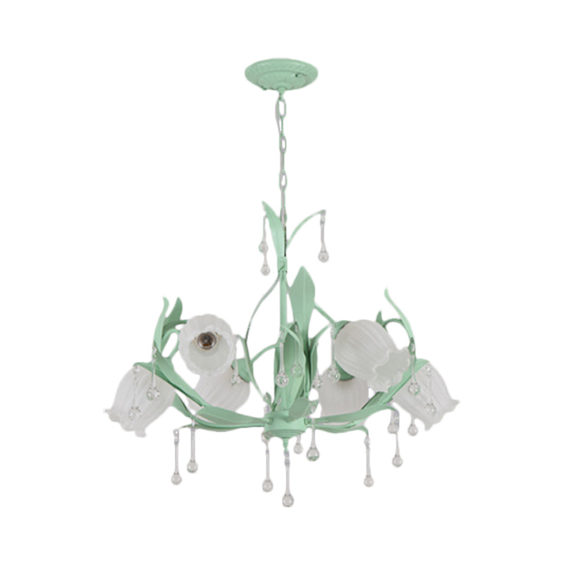 6/8-Light Flower Ceiling Chandelier Korean Garden Green/Pink Frosted Glass Suspension Pendant Light Clearhalo 'Ceiling Lights' 'Chandeliers' Lighting' options 1982358