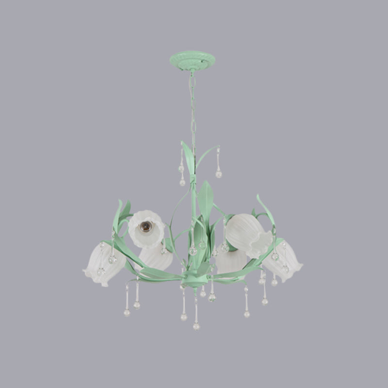 6/8-Light Flower Ceiling Chandelier Korean Garden Green/Pink Frosted Glass Suspension Pendant Light Clearhalo 'Ceiling Lights' 'Chandeliers' Lighting' options 1982359