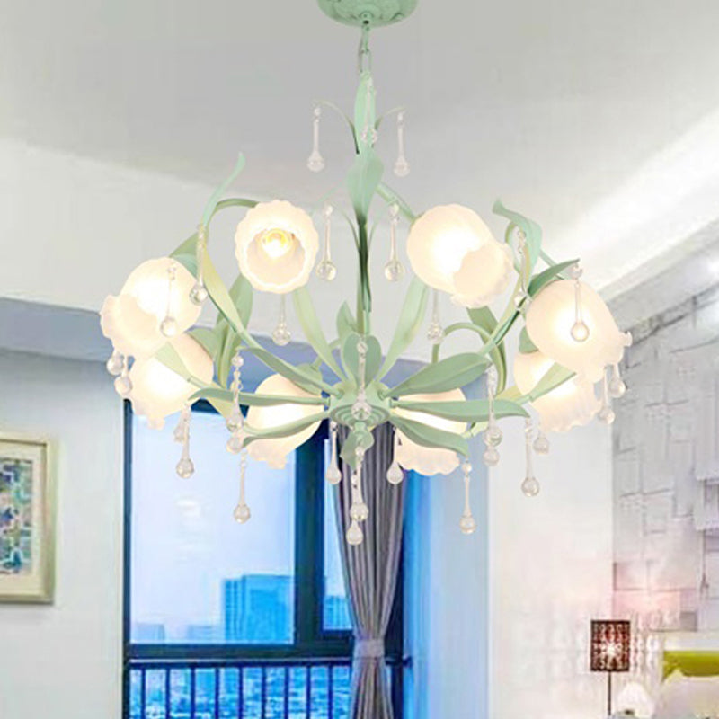 6/8-Light Flower Ceiling Chandelier Korean Garden Green/Pink Frosted Glass Suspension Pendant Light Clearhalo 'Ceiling Lights' 'Chandeliers' Lighting' options 1982360