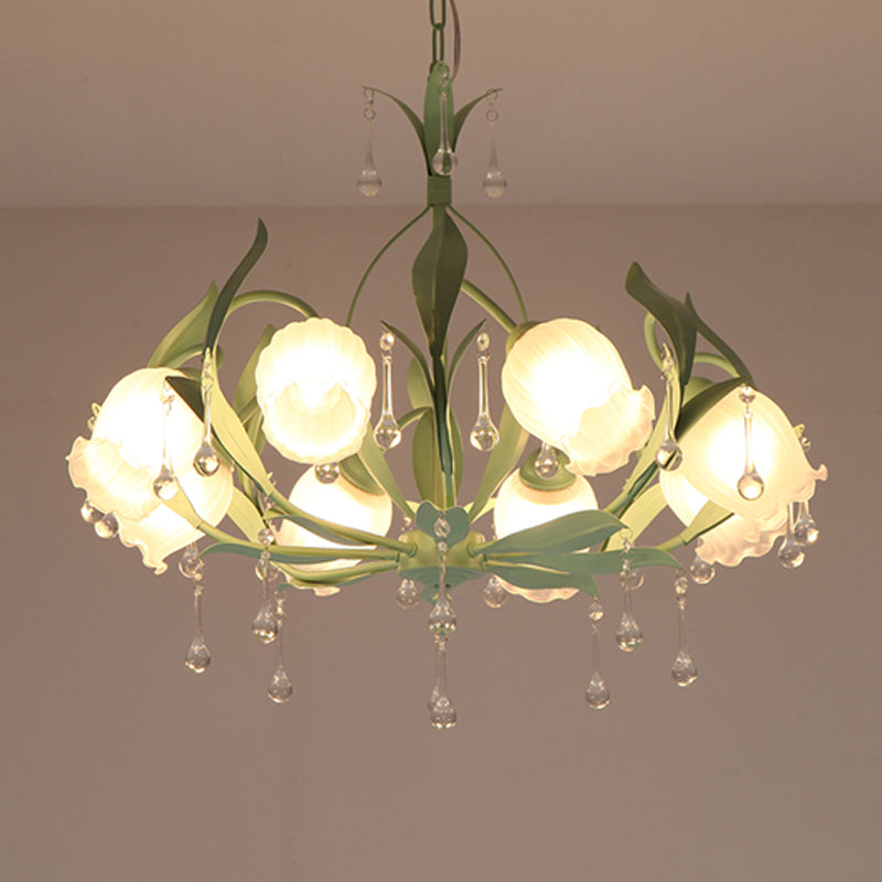 6/8-Light Flower Ceiling Chandelier Korean Garden Green/Pink Frosted Glass Suspension Pendant Light Clearhalo 'Ceiling Lights' 'Chandeliers' Lighting' options 1982361