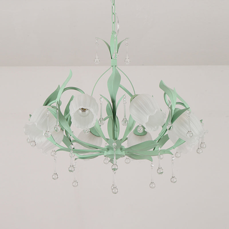 6/8-Light Flower Ceiling Chandelier Korean Garden Green/Pink Frosted Glass Suspension Pendant Light Clearhalo 'Ceiling Lights' 'Chandeliers' Lighting' options 1982362