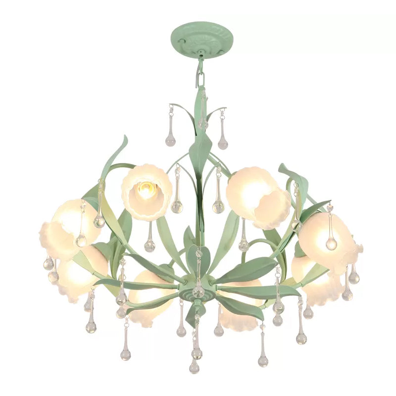 6/8-Light Flower Ceiling Chandelier Korean Garden Green/Pink Frosted Glass Suspension Pendant Light Clearhalo 'Ceiling Lights' 'Chandeliers' Lighting' options 1982363