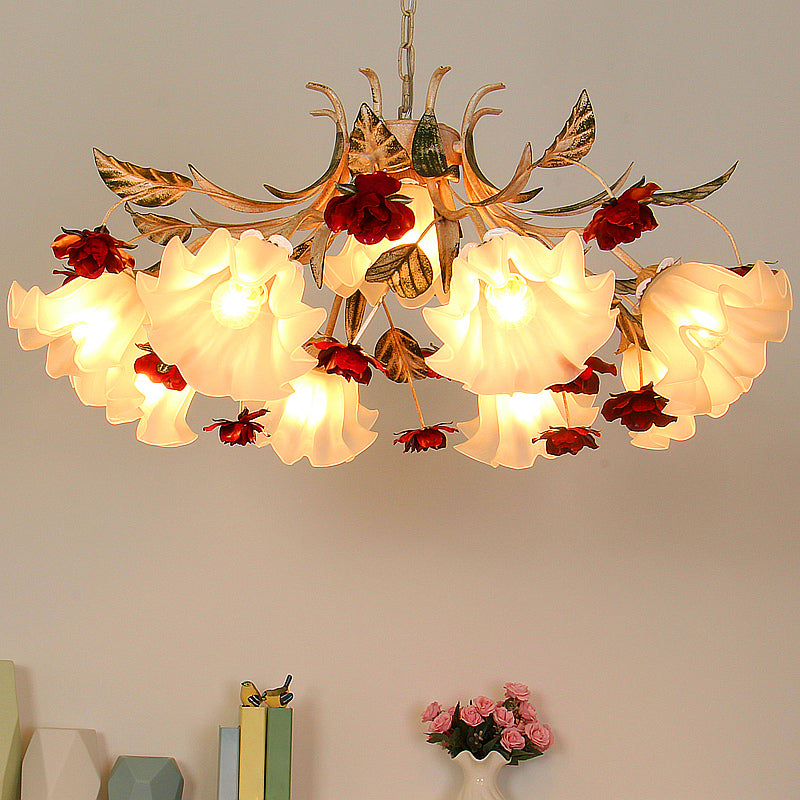 4/6/9-Bulb Frosted Glass Chandelier Pendant Light Korean Garden Beige Floral Childrens Room Pendant Lamp Clearhalo 'Ceiling Lights' 'Chandeliers' Lighting' options 1982364