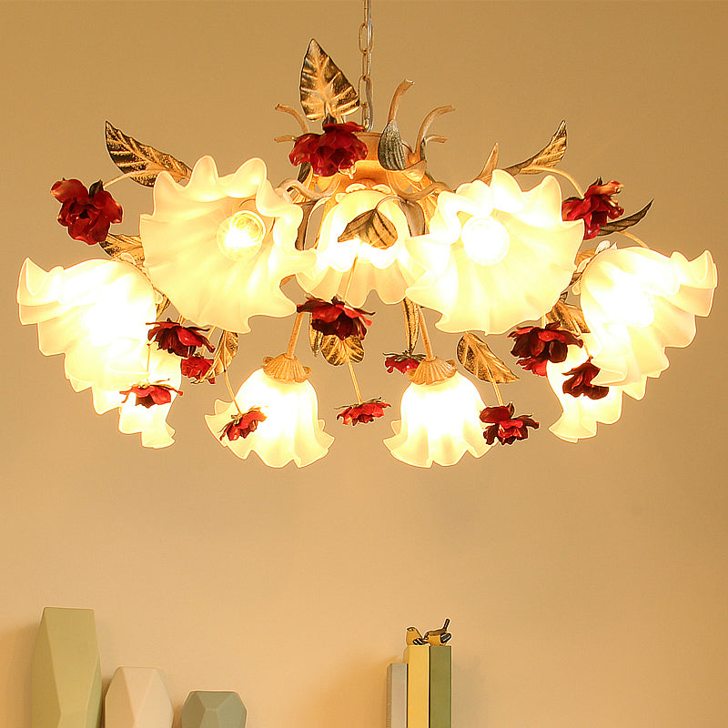 4/6/9-Bulb Frosted Glass Chandelier Pendant Light Korean Garden Beige Floral Childrens Room Pendant Lamp Clearhalo 'Ceiling Lights' 'Chandeliers' Lighting' options 1982365