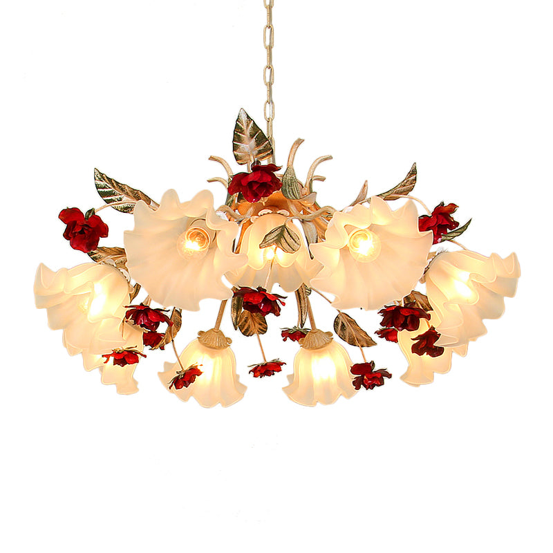 4/6/9-Bulb Frosted Glass Chandelier Pendant Light Korean Garden Beige Floral Childrens Room Pendant Lamp Clearhalo 'Ceiling Lights' 'Chandeliers' Lighting' options 1982366