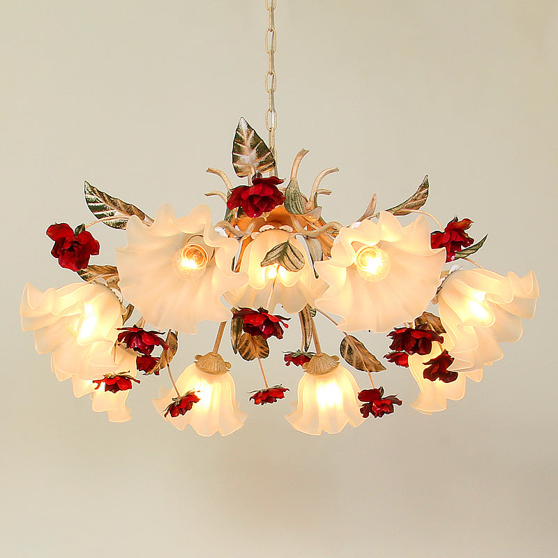 4/6/9-Bulb Frosted Glass Chandelier Pendant Light Korean Garden Beige Floral Childrens Room Pendant Lamp Clearhalo 'Ceiling Lights' 'Chandeliers' Lighting' options 1982367