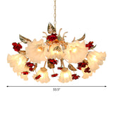 4/6/9-Bulb Frosted Glass Chandelier Pendant Light Korean Garden Beige Floral Childrens Room Pendant Lamp Clearhalo 'Ceiling Lights' 'Chandeliers' Lighting' options 1982368